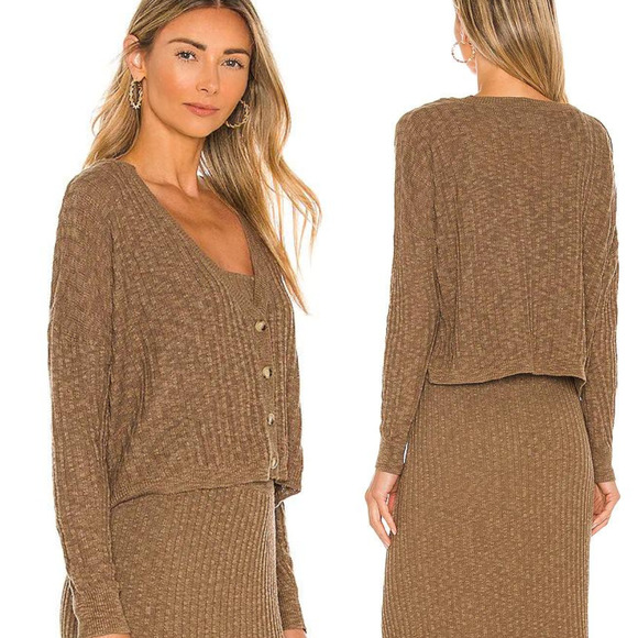Saylor Tiggy Crop Knit Ribbed Cardigan In Coffee NWT Women's Size Large 10/12 - Picture 2 of 14